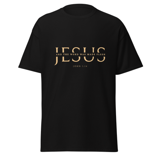 Classic unisex tee with JESUS in an elegant cut serif font and a scripture verse