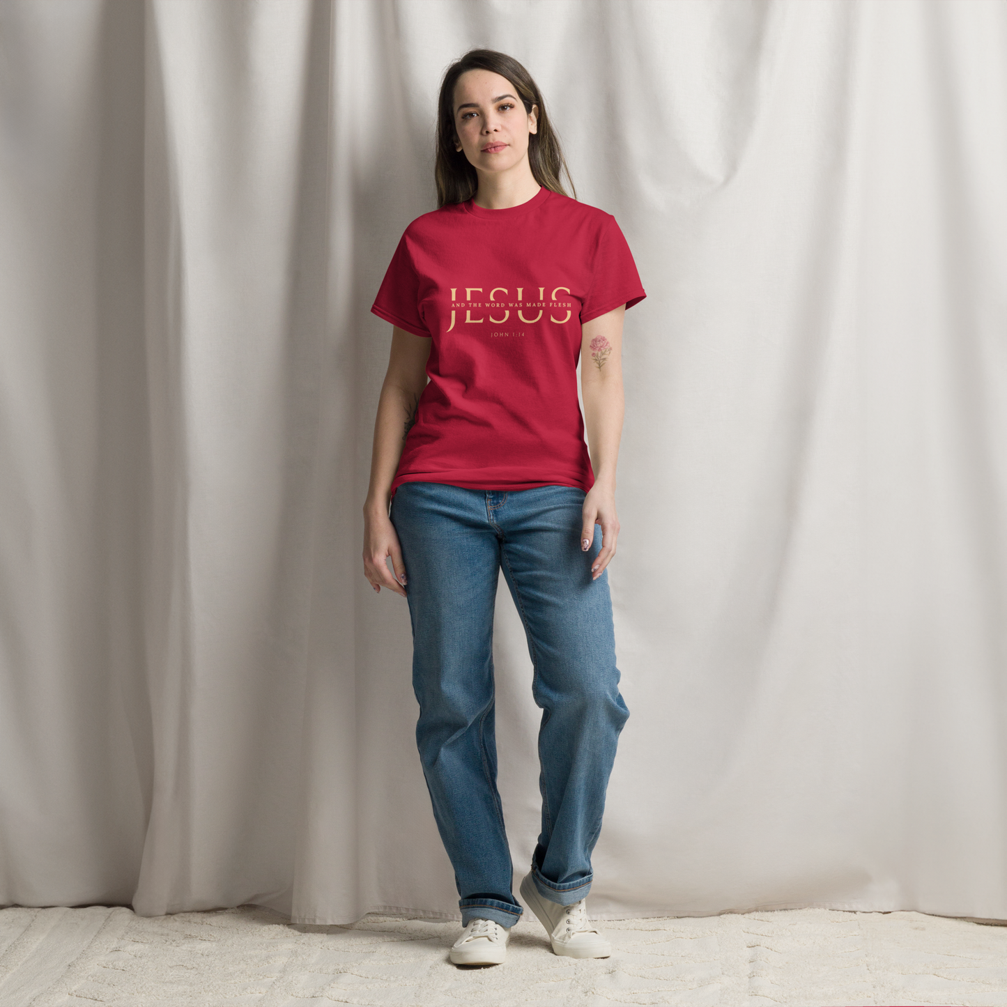 Classic unisex tee with JESUS in an elegant cut serif font and a scripture verse