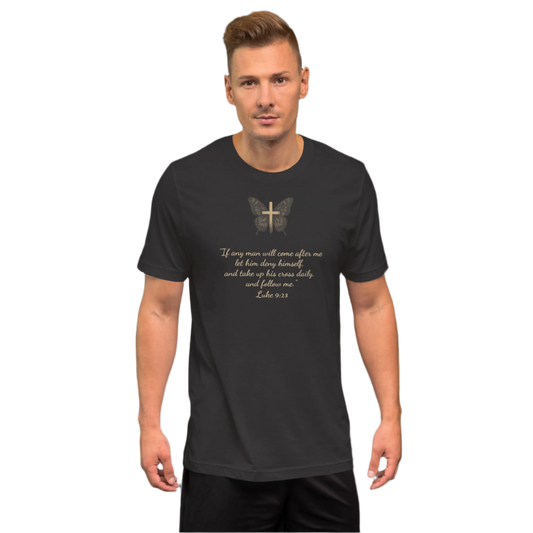 Unisex T-Shirt with Butterfly Bearing the Cross and a Call to Follow the Savior