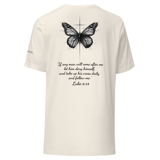 Unisex t-shirt with butterfly and cross in a minimalist artistic style and a scripture verse