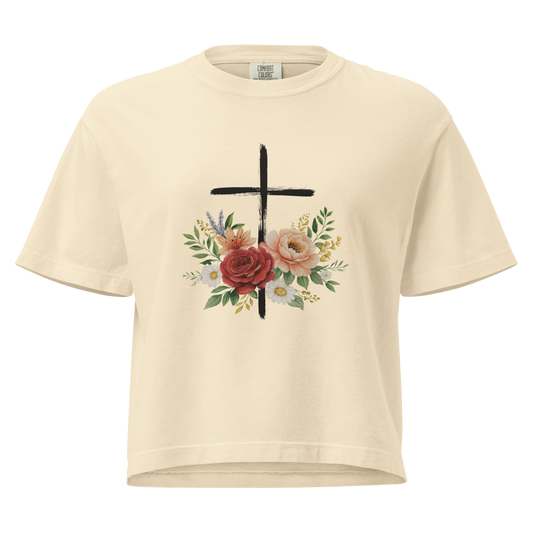 Women’s Heavyweight Boxy Tee with Brushed Cross and Vintage Flowers